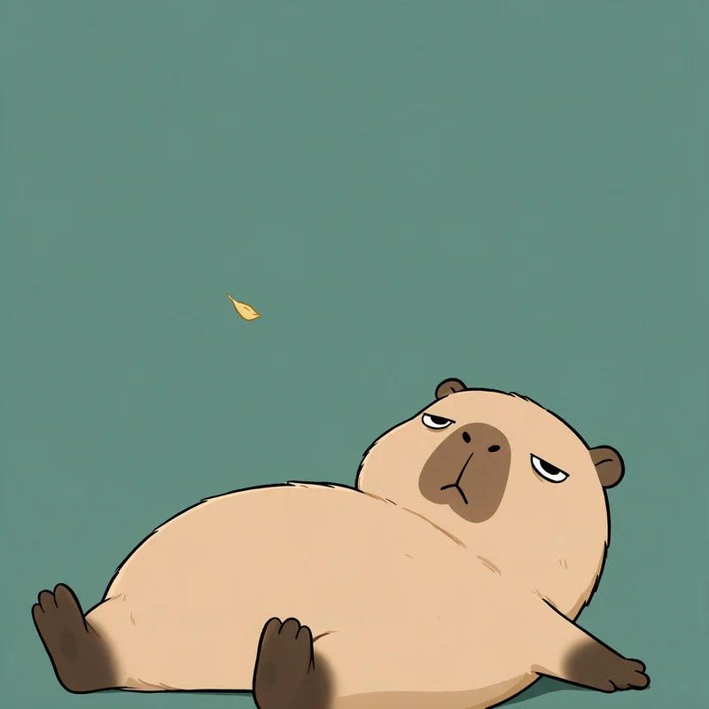 Bara the capybara lying on his back, staring at nothing, completely unbothered