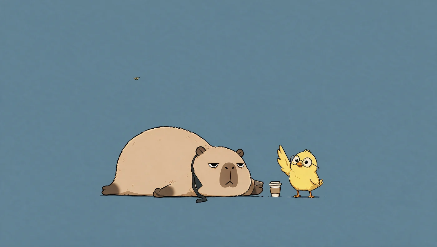 Bara wearing a crooked tie and lying down while Pip, in tiny glasses, presents next to a small coffee cup