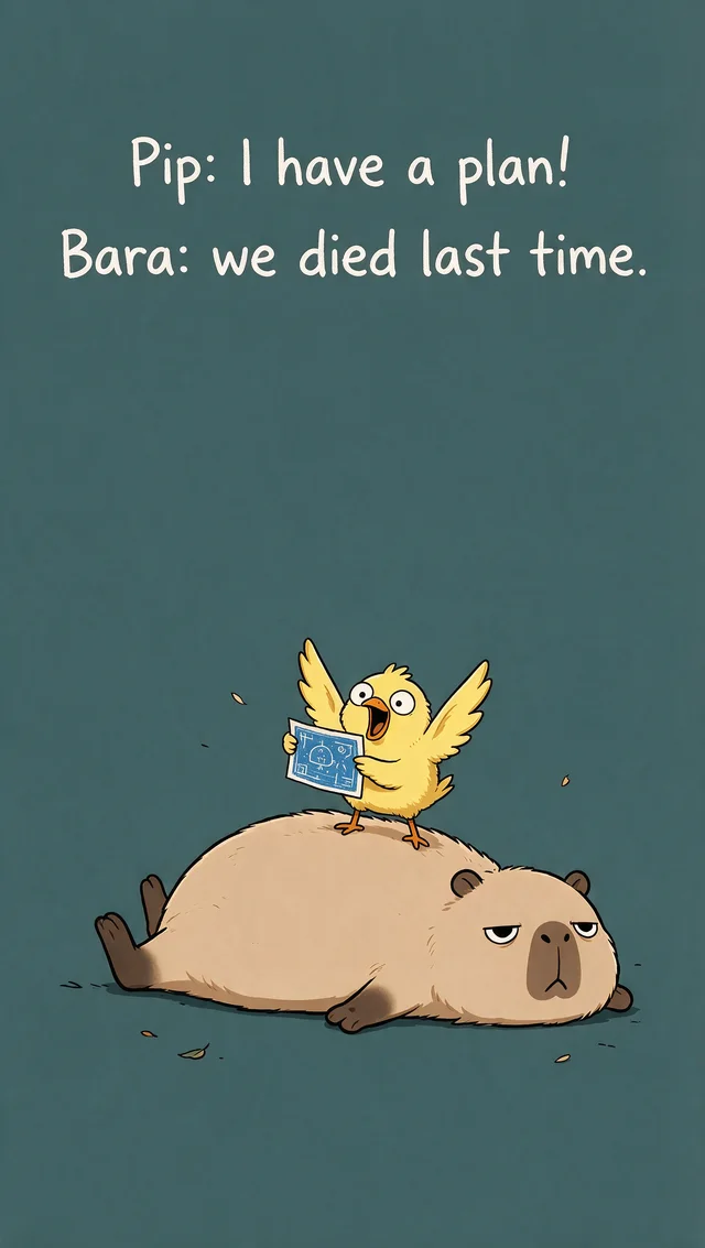 Meme: Pip says I have a plan, Bara says we died last time.