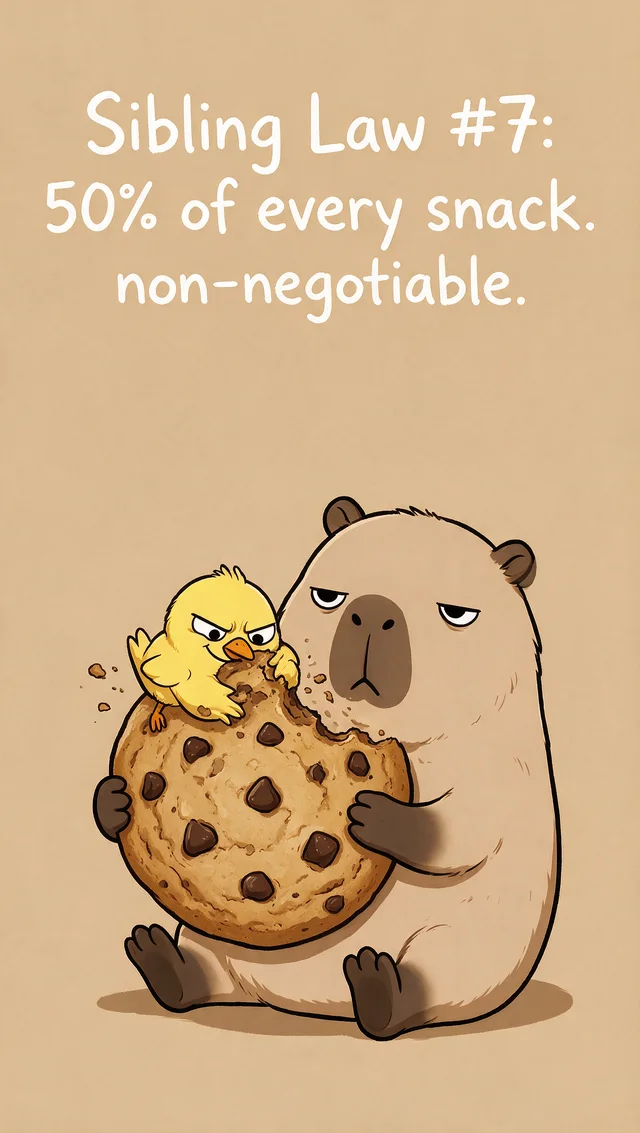 Meme: Sibling Law number 7, half of every snack, non-negotiable.