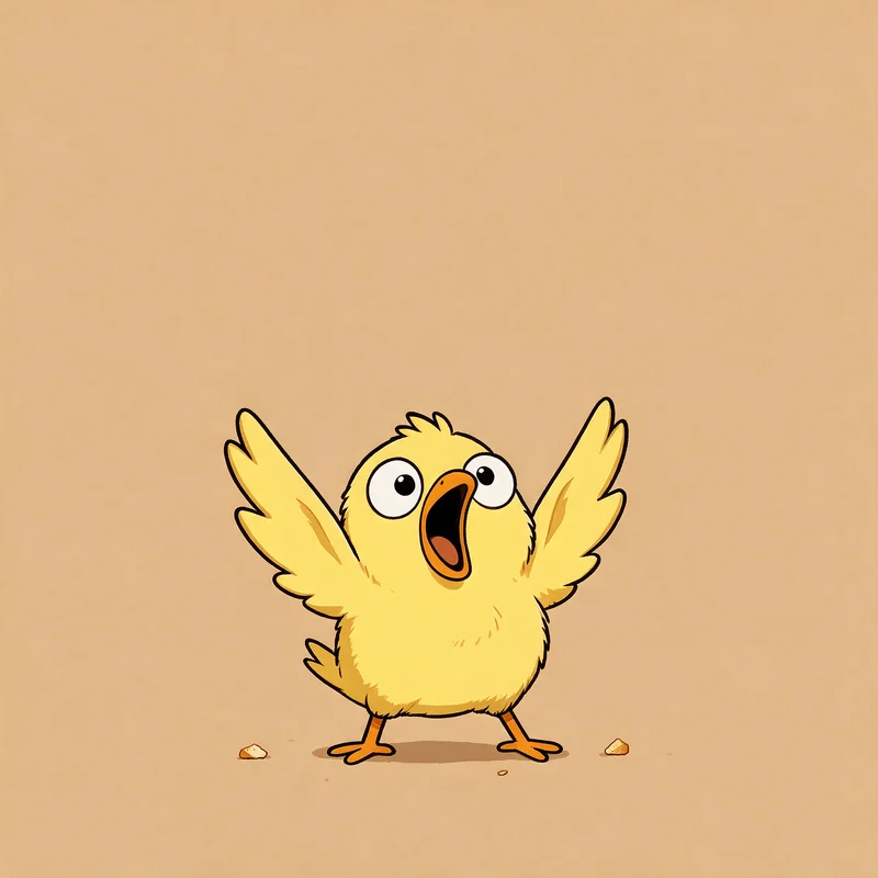 Pip the tiny yellow bird mid-yell with both wings thrown in the air